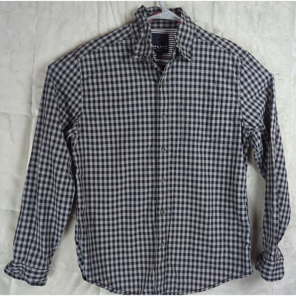 Sperry Top Sider Mens SZ M Black Gray Checker Long Sleeve Button Up Cotton Shirt